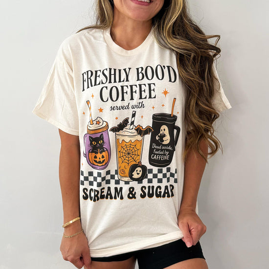 Freshly Boo’d Coffee Sweatshirt or T-Shirt | Halloween Coffee Lover Shirt | Spooky Season Ghost Graphic Tee | Cute Fall Barista Gift
