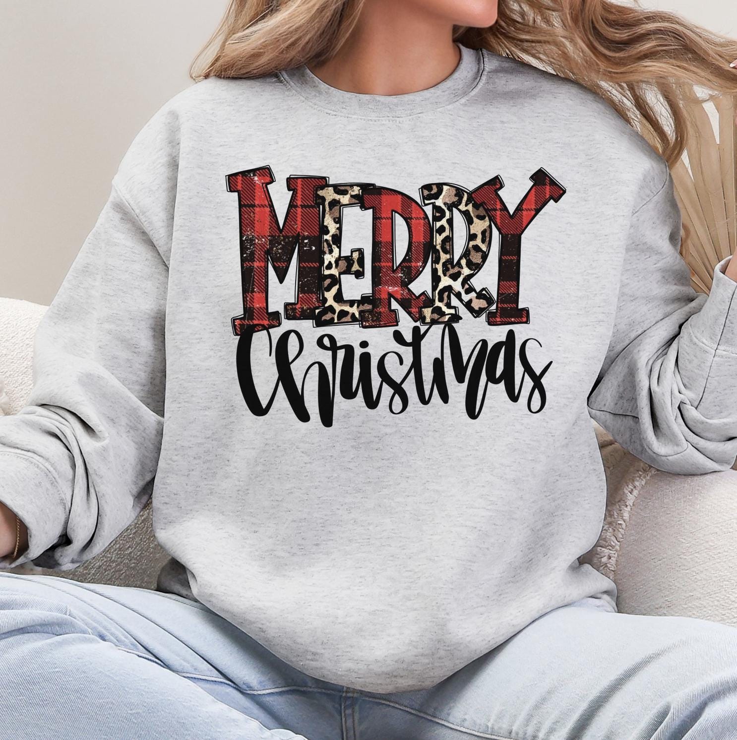 Merry Christmas Sweatshirt or T-Shirt | Red Plaid Christmas Shirt | Cozy Holiday DTG Printed Graphic Tee | Festive Winter Outfit