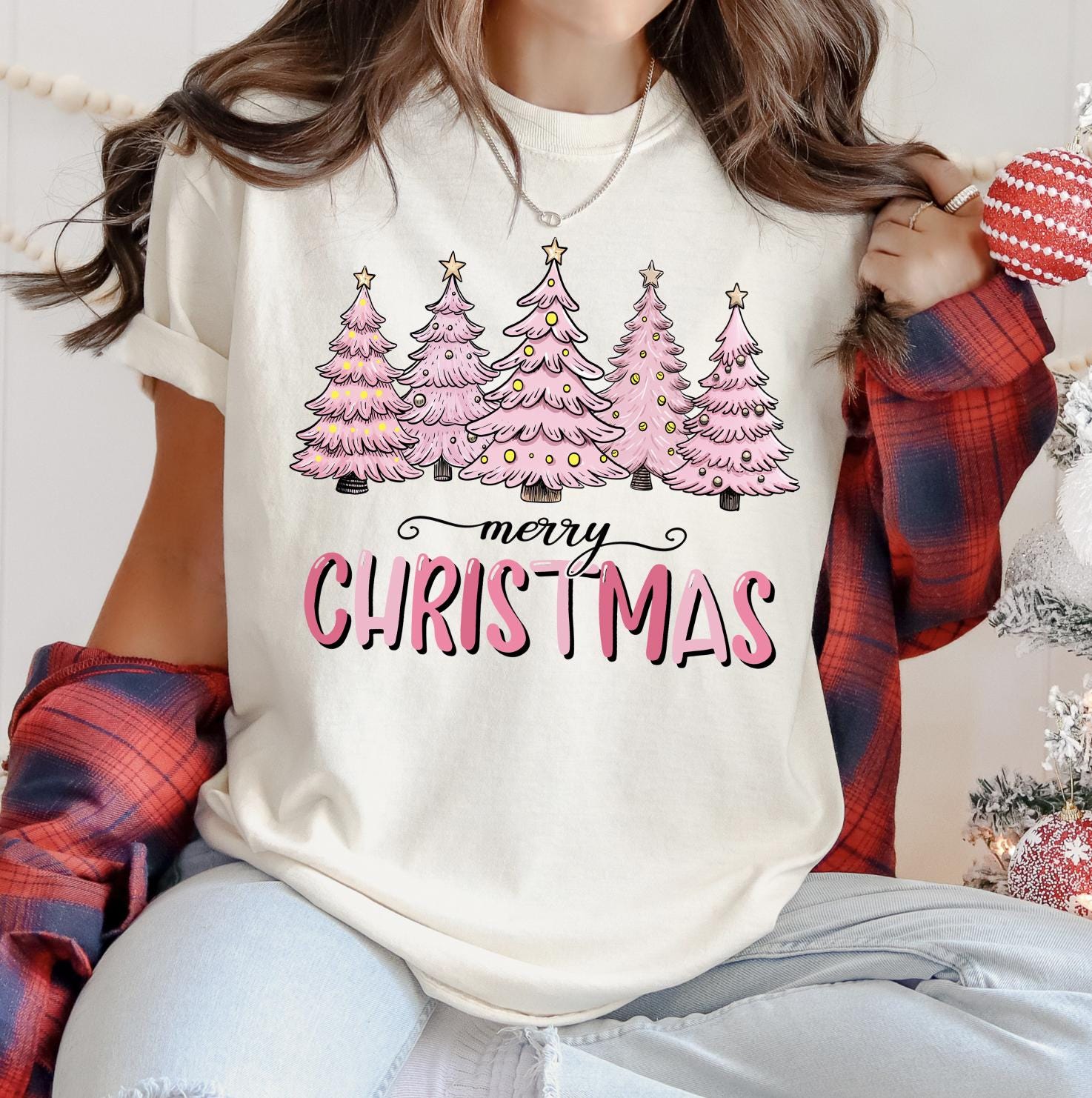 Pink Christmas Trees DTG Printed Sweatshirt or T-Shirt, Trendy Holiday Crewneck, Christmas Graphic Tee, Retro Holiday Pullover