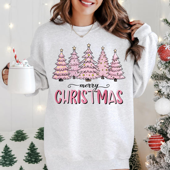 Pink Christmas Trees DTG Printed Sweatshirt or T-Shirt, Trendy Holiday Crewneck, Christmas Graphic Tee, Retro Holiday Pullover