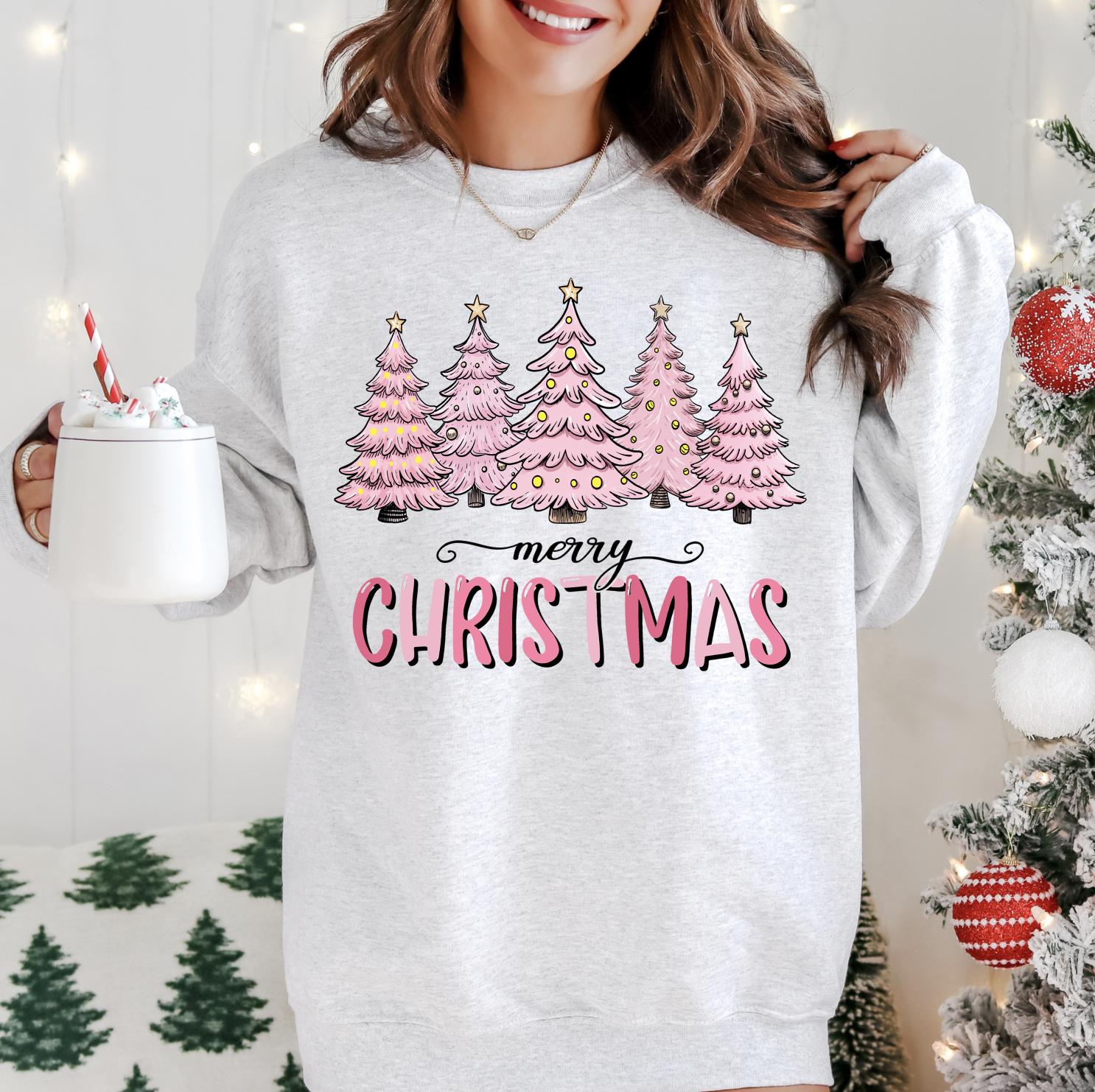 Pink Christmas Trees DTG Printed Sweatshirt or T-Shirt, Trendy Holiday Crewneck, Christmas Graphic Tee, Retro Holiday Pullover