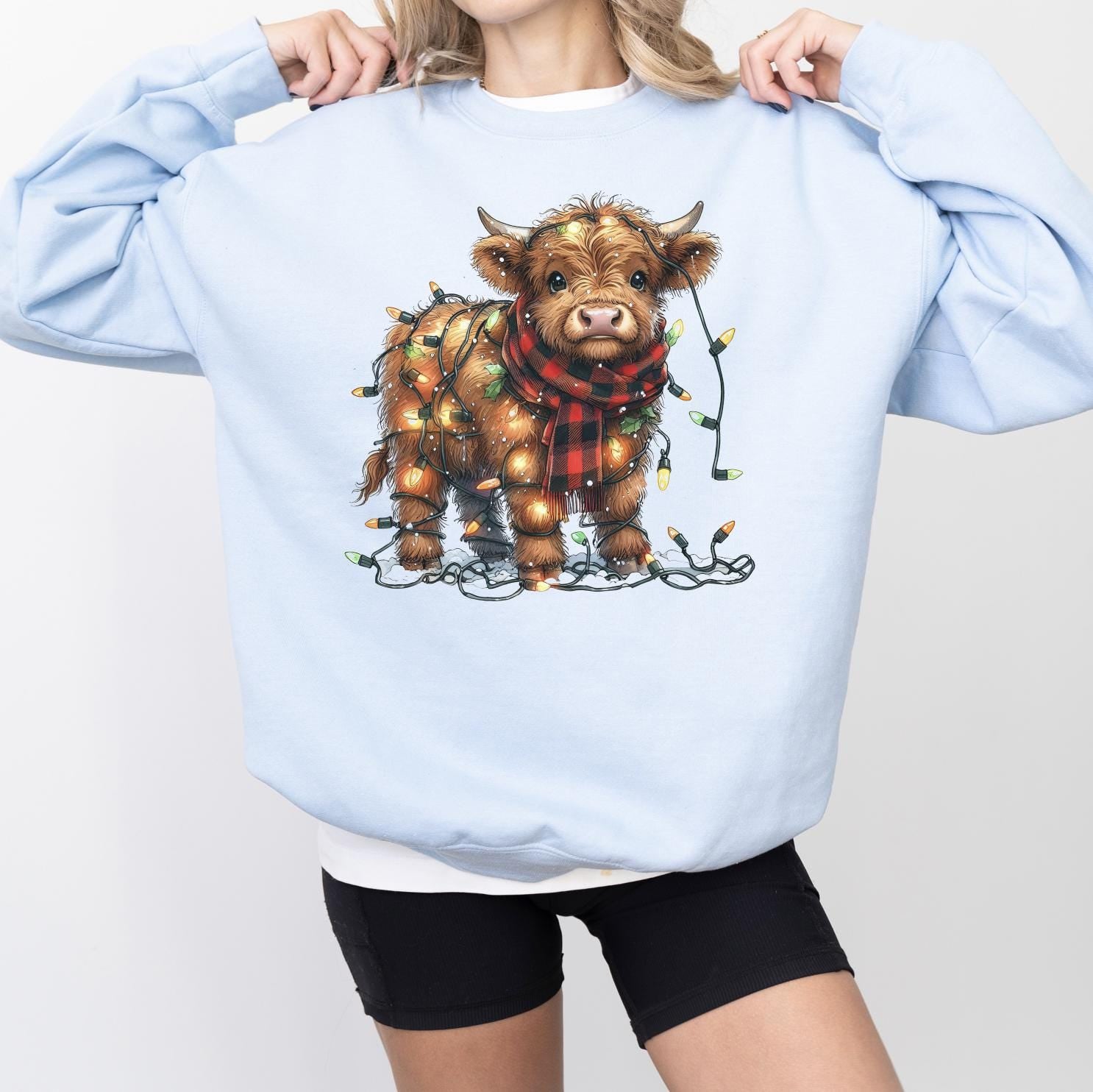 Highland Cow Christmas DTG Printed Sweatshirt or T-Shirt, Trendy Holiday Crewneck, Christmas Lights Highland Western Cow