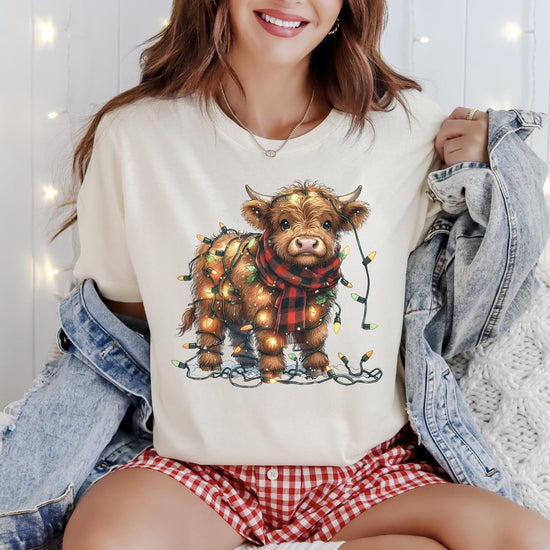 Highland Cow Christmas DTG Printed Sweatshirt or T-Shirt, Trendy Holiday Crewneck, Christmas Lights Highland Western Cow