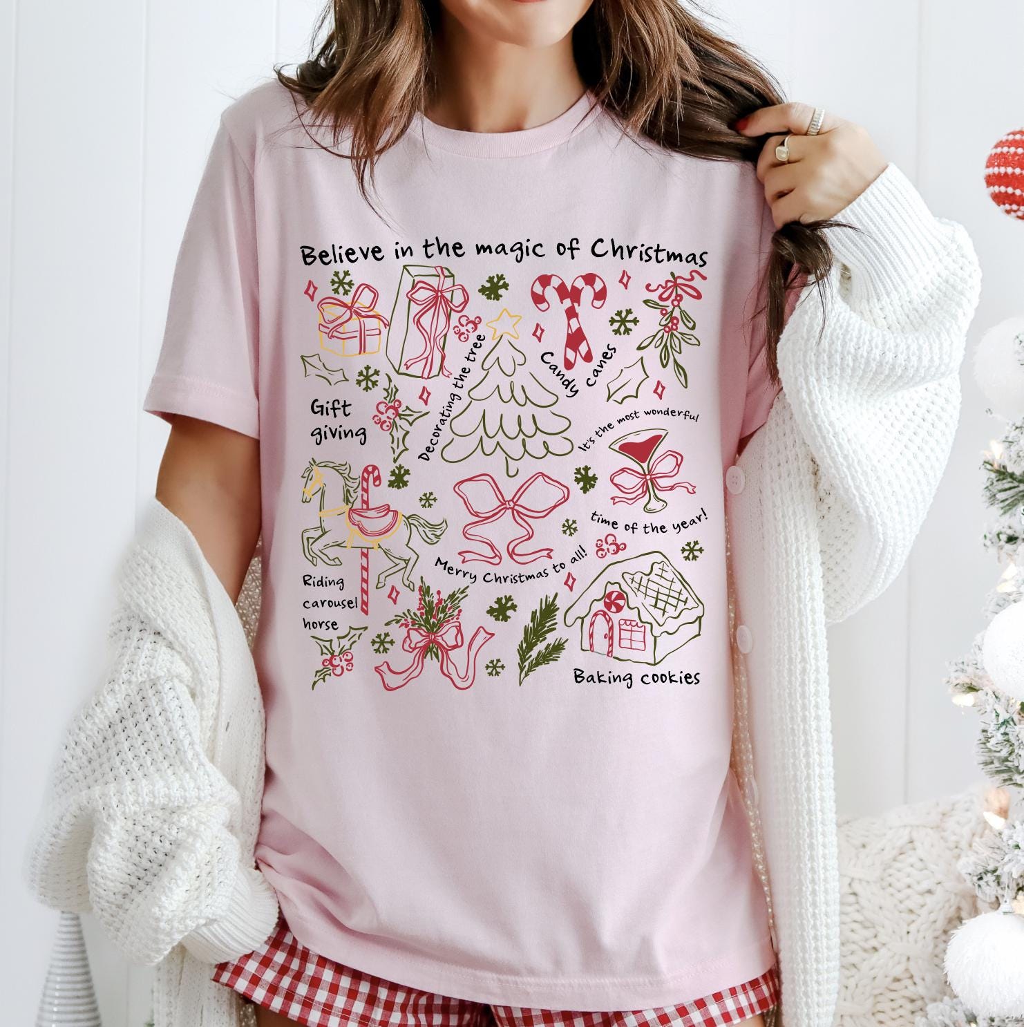 Tis The Season Christmas Icons Shirt, Cute Holiday Tee, Santa Cookies Cocoa Gifts Lights, Cozy Traditional Christmas T-Shirt