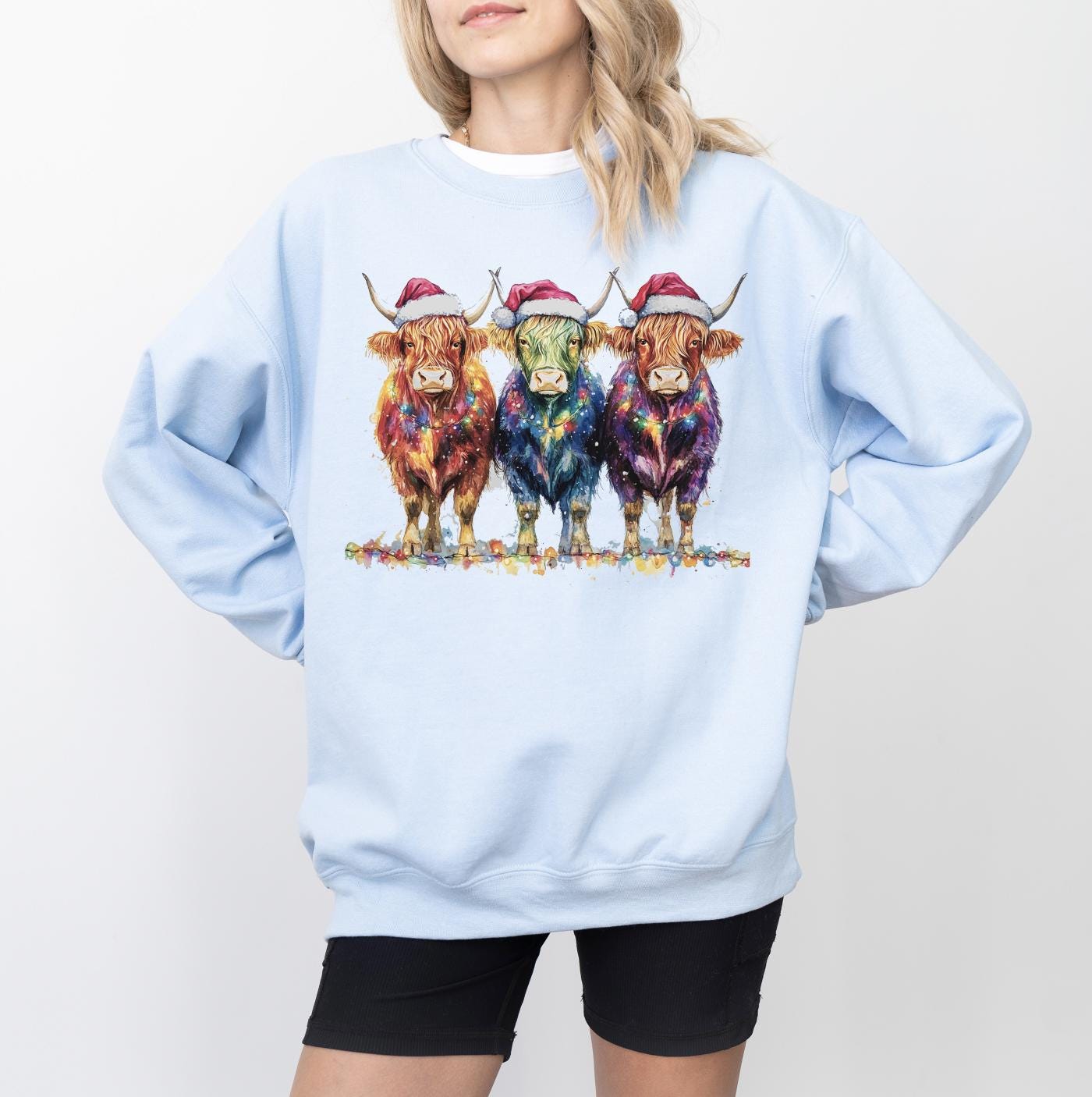 Highland Cow Christmas Lights DTG Printed Sweatshirt, Western Holiday Crewneck, Cute Christmas Cow Shirt, Trendy T-Shirt