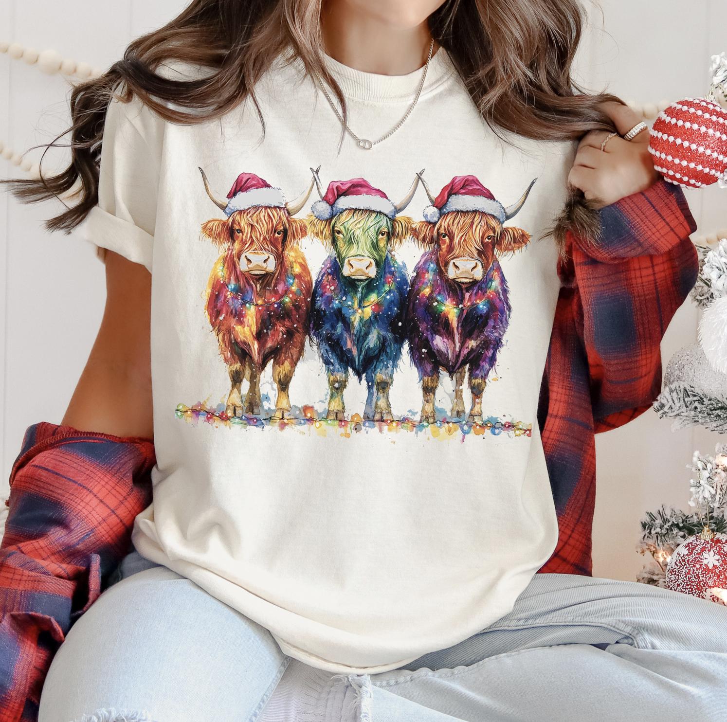 Highland Cow Christmas Lights DTG Printed Sweatshirt, Western Holiday Crewneck, Cute Christmas Cow Shirt, Trendy T-Shirt