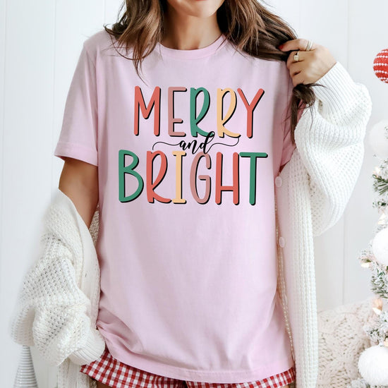 Merry and Bright Christmas Sweatshirt, Cute Holiday Crewneck, Trendy Christmas Graphic Tee, Cozy DTG Printed T-Shirt