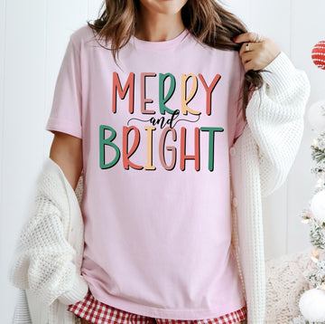 Merry and Bright Christmas Sweatshirt, Cute Holiday Crewneck, Trendy Christmas Graphic Tee, Cozy DTG Printed T-Shirt