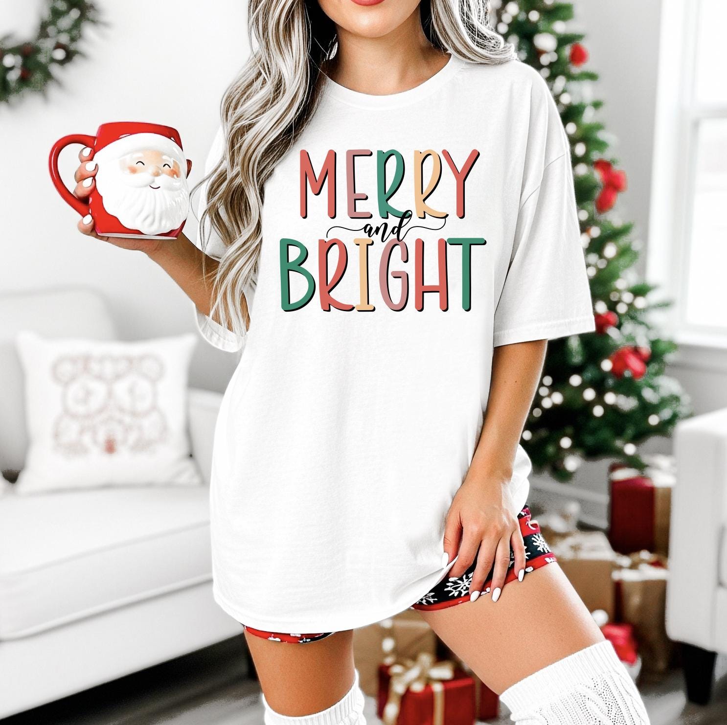 Merry and Bright Christmas Sweatshirt, Cute Holiday Crewneck, Trendy Christmas Graphic Tee, Cozy DTG Printed T-Shirt