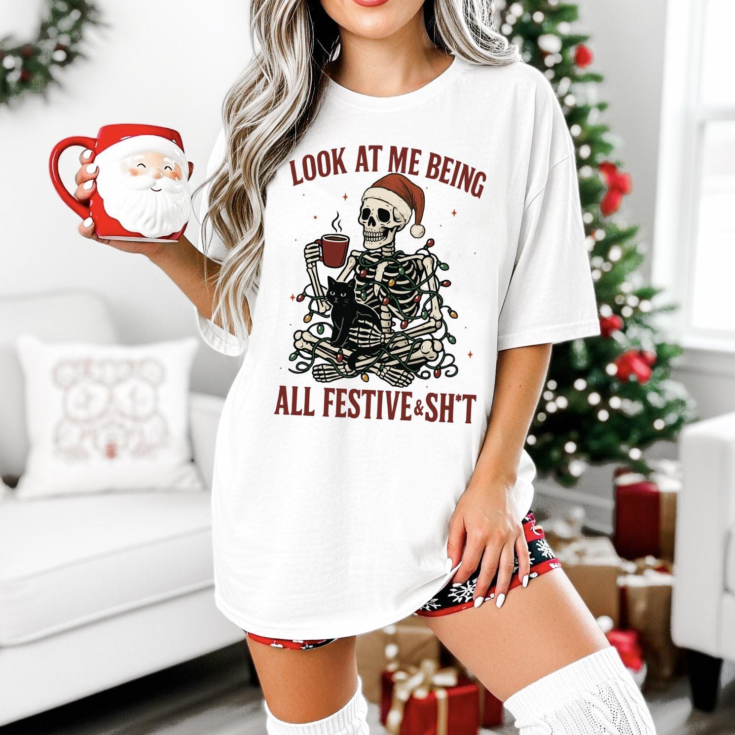 Funny Skeleton Christmas DTG Printed Sweatshirt, Look at Me Being All Festive and Shit Shirt, Trendy Holiday Crewneck