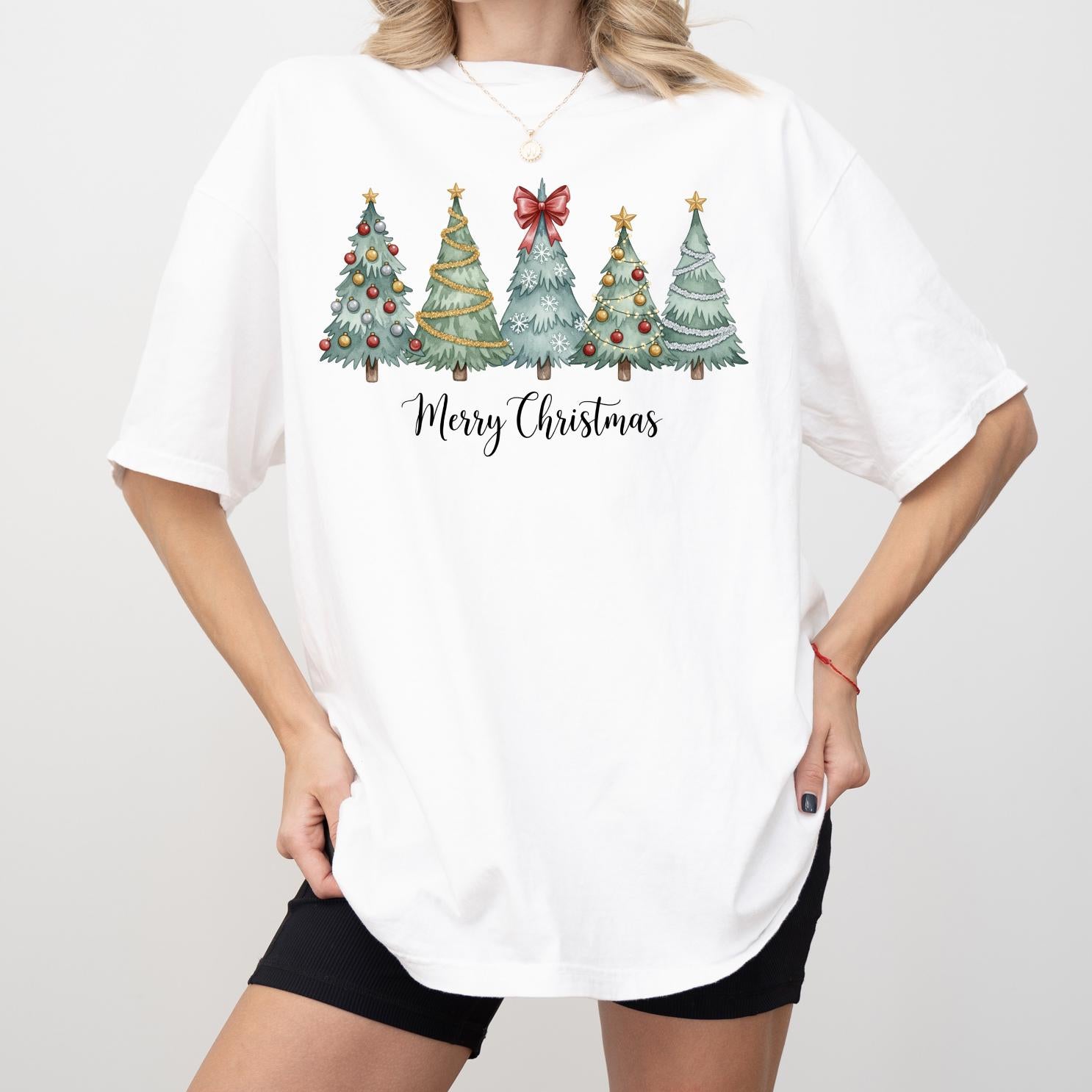 Merry Christmas Trees DTG Printed Shirt or Sweatshirt, Cute Holiday Crewneck, Christmas Graphic Tee, Cozy Xmas T-Shirt