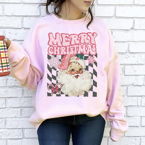 Merry Christmas DTG Printed Pink Santa Sweatshirt or T-Shirt | Cute Holiday Graphic Tee | Pink Christmas Shirt