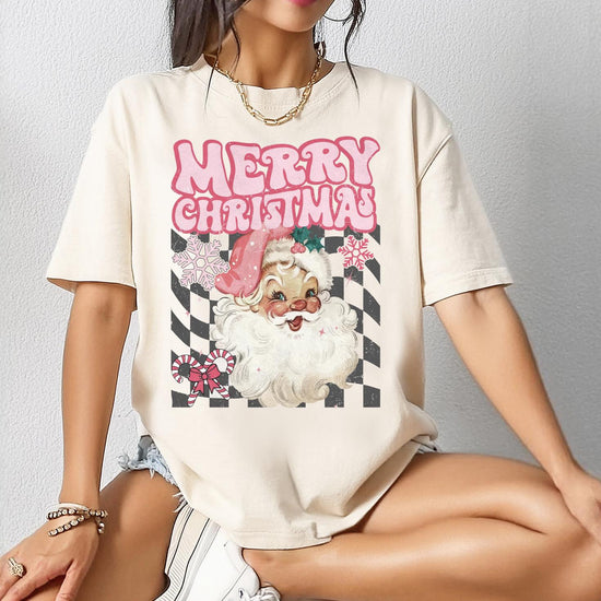 Merry Christmas DTG Printed Pink Santa Sweatshirt or T-Shirt | Cute Holiday Graphic Tee | Pink Christmas Shirt