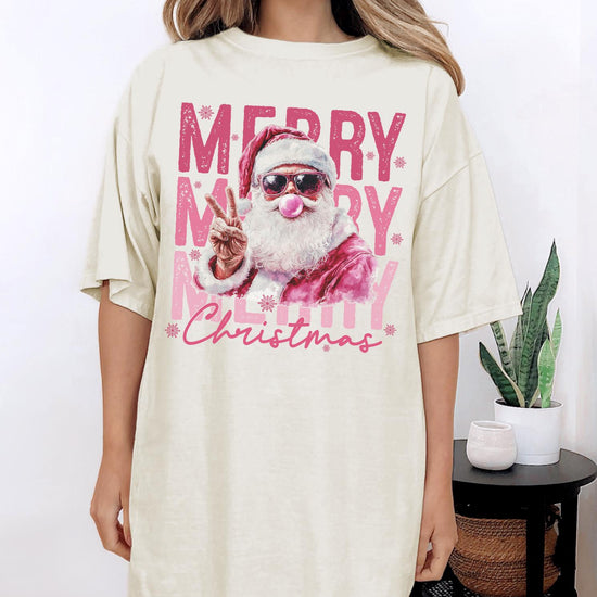 Merry Christmas DTG Printed Pink Santa Sweatshirt or T-Shirt | Cute Holiday Graphic Tee | Pink Christmas Shirt
