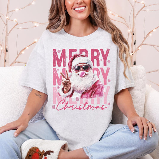 Merry Christmas DTG Printed Pink Santa Sweatshirt or T-Shirt | Cute Holiday Graphic Tee | Pink Christmas Shirt