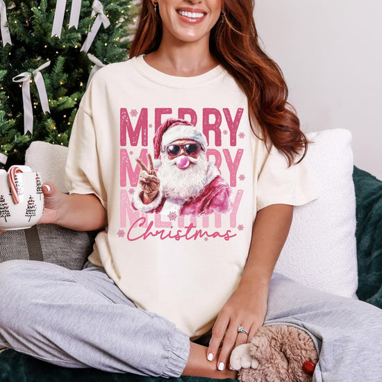 Merry Christmas DTG Printed Pink Santa Sweatshirt or T-Shirt | Cute Holiday Graphic Tee | Pink Christmas Shirt