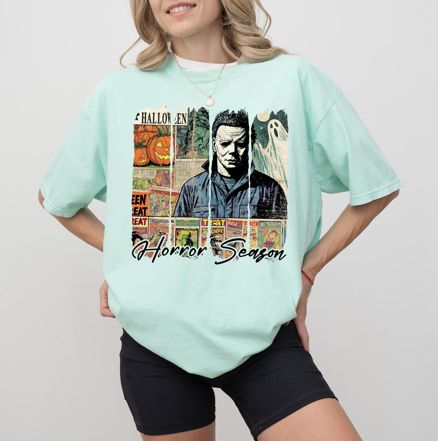 Horror Season Sweatshirt or T-Shirt | Spooky Season DTG Printed Halloween Shirt | Scary Movie Lover Fall Pullover or T-Shirt