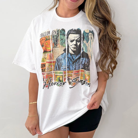 Horror Season Sweatshirt or T-Shirt | Spooky Season DTG Printed Halloween Shirt | Scary Movie Lover Fall Pullover or T-Shirt