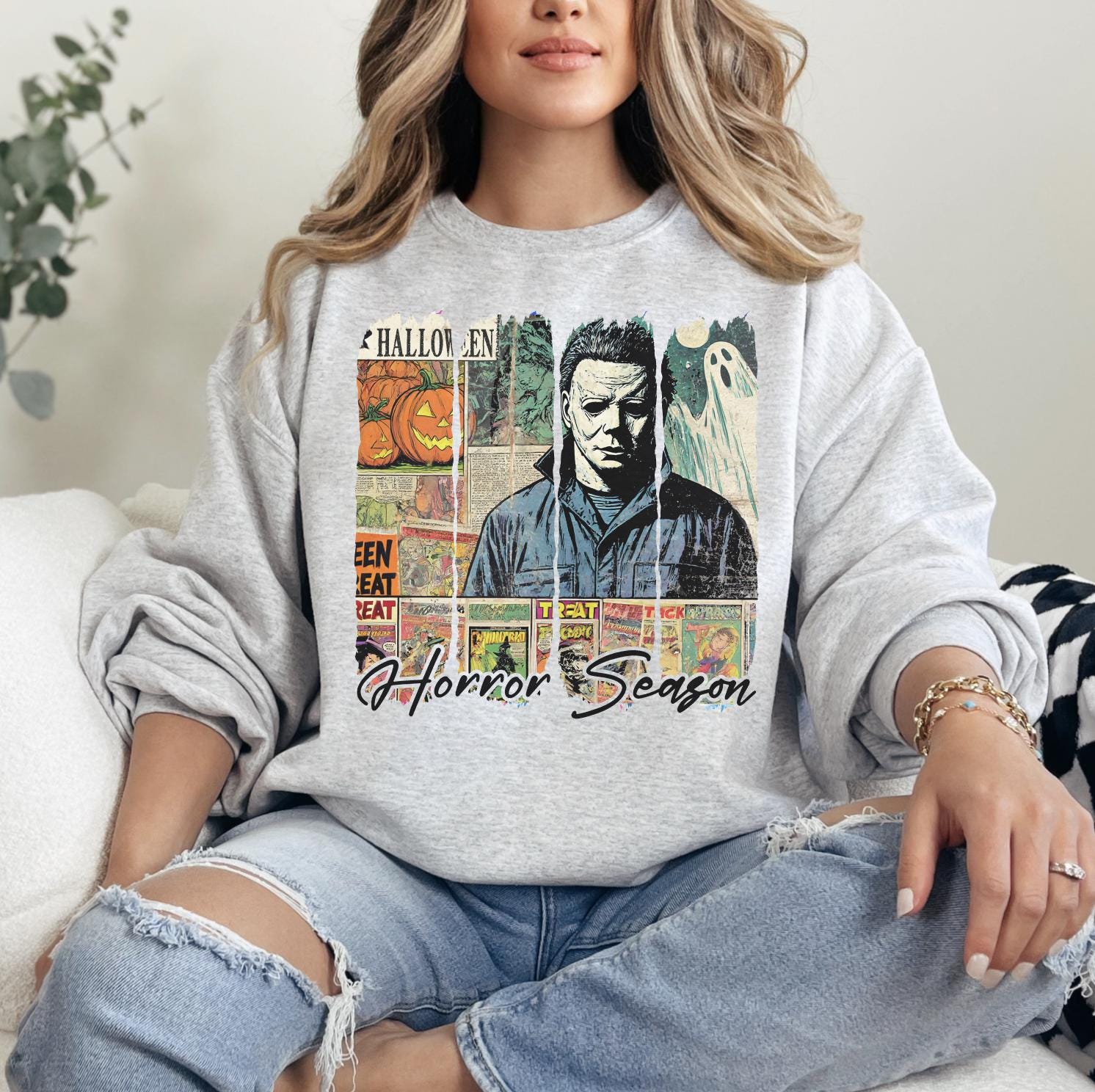 Horror Season Sweatshirt or T-Shirt | Spooky Season DTG Printed Halloween Shirt | Scary Movie Lover Fall Pullover or T-Shirt