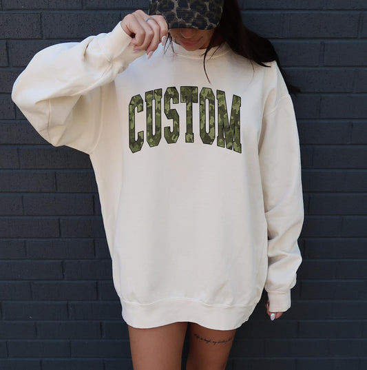 Custom Camo Text Sweatshirt or T-Shirt | Personalized DTG Printed Camouflage Pattern Shirt | Custom Name Military Style Graphic Tee
