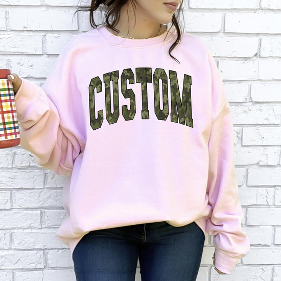 Custom Camo Text Sweatshirt or T-Shirt | Personalized DTG Printed Camouflage Pattern Shirt | Custom Name Military Style Graphic Tee