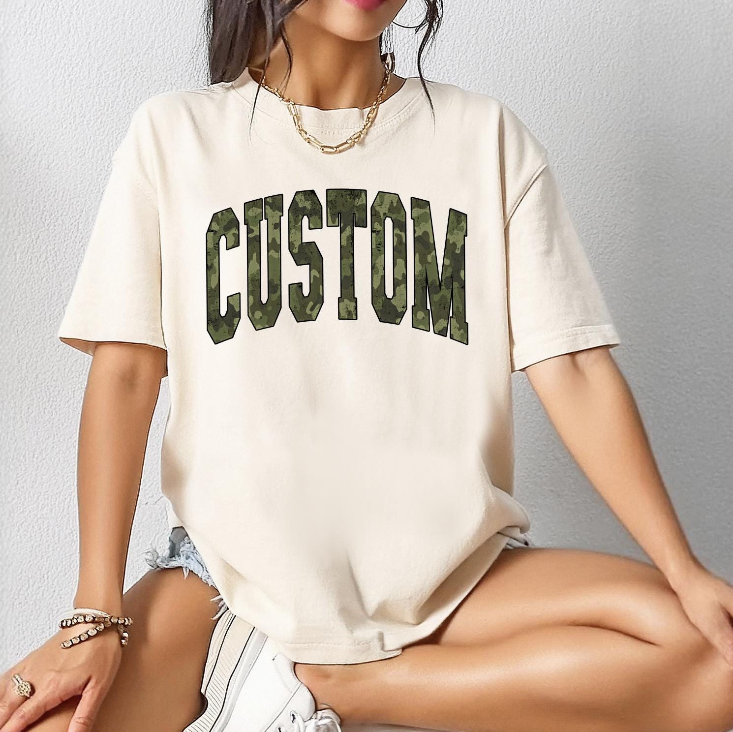 Custom Camo Text Sweatshirt or T-Shirt | Personalized DTG Printed Camouflage Pattern Shirt | Custom Name Military Style Graphic Tee