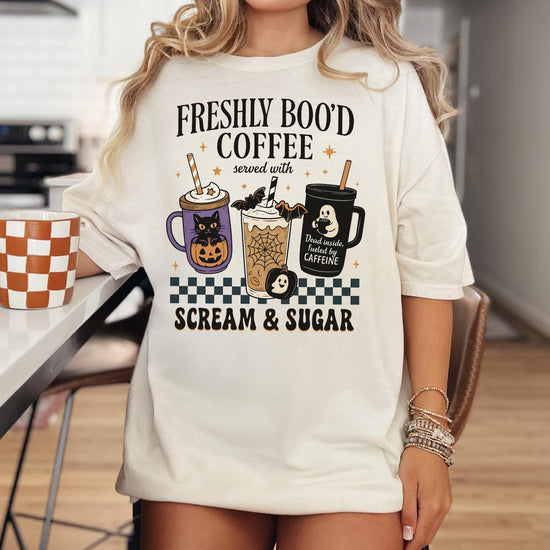 Freshly Boo’d Coffee Sweatshirt or T-Shirt | Halloween Coffee Lover Shirt | Spooky Season Ghost Graphic Tee | Cute Fall Barista Gift