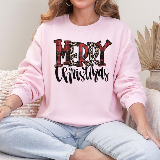 Merry Christmas Sweatshirt or T-Shirt | Red Plaid Christmas Shirt | Cozy Holiday DTG Printed Graphic Tee | Festive Winter Outfit