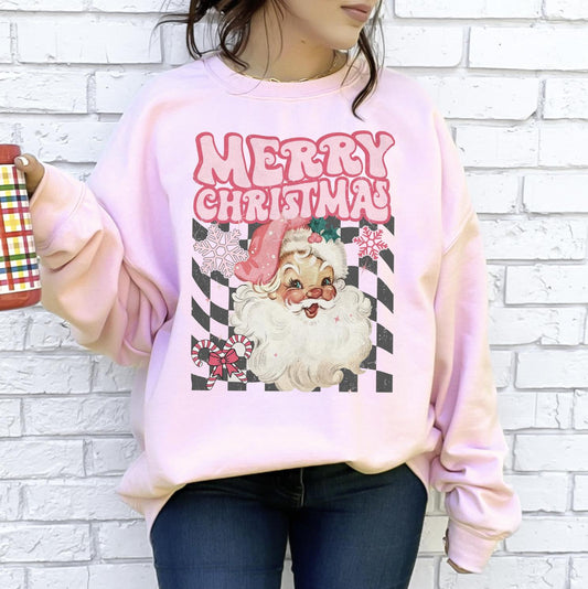 Merry Christmas Pink Santa DTG Printed Sweatshirt or T-Shirt | Checkered Christmas Graphic Tee | Cute Holiday