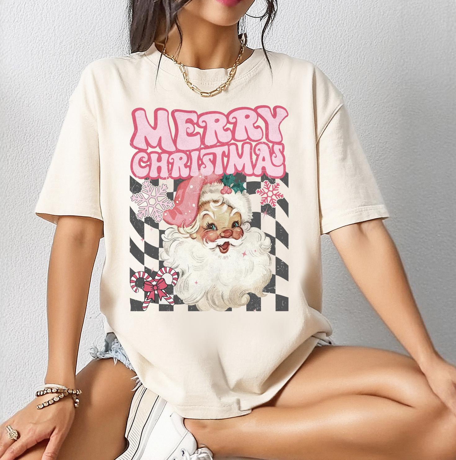 Merry Christmas Pink Santa DTG Printed Sweatshirt or T-Shirt | Checkered Christmas Graphic Tee | Cute Holiday