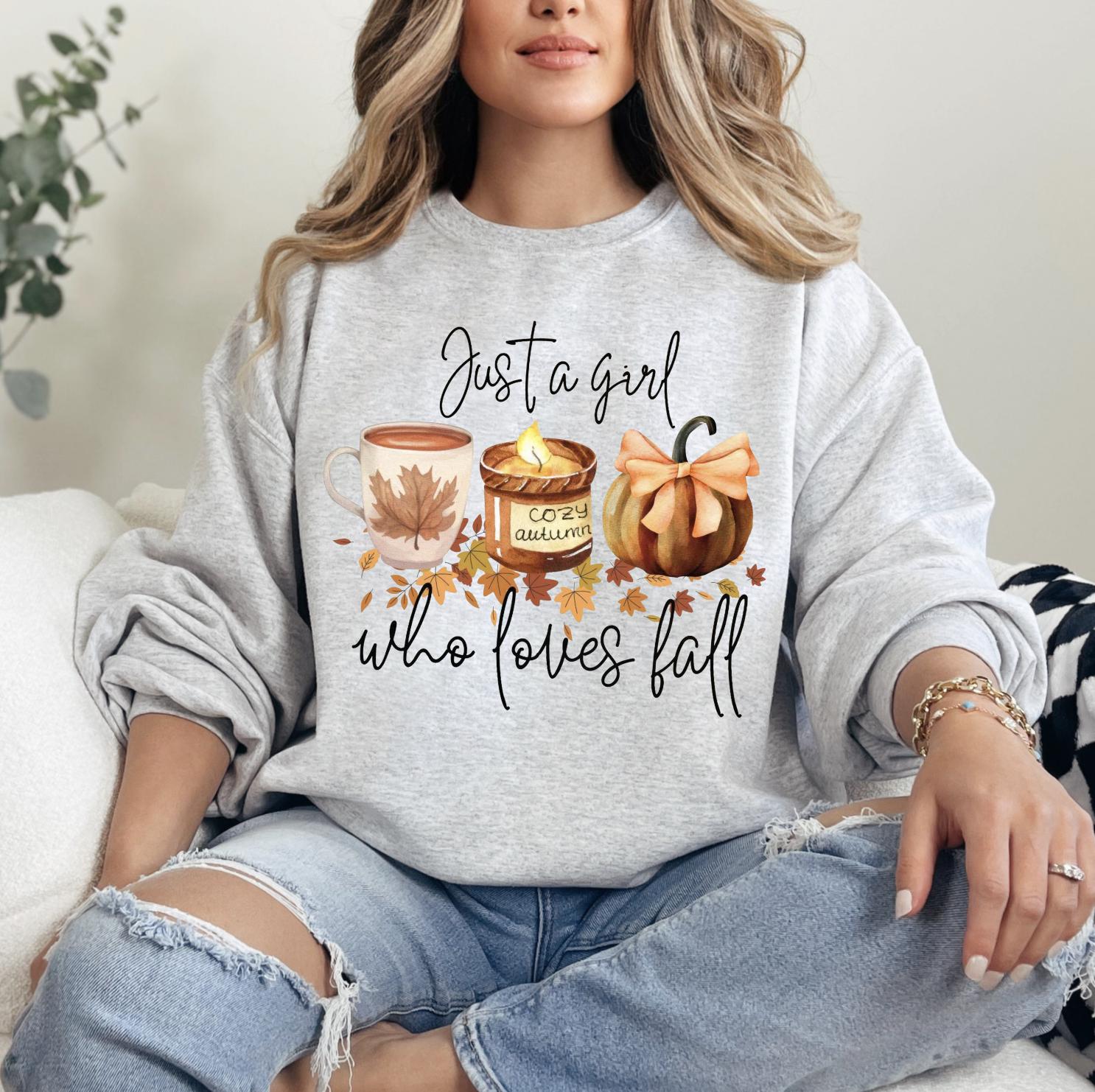 Just a Girl Who Loves Fall Shirt, Cozy Autumn Graphic Tee, Fall Vibes Pumpkin Leaves T-Shirt, DTG Printed Autumn Shirt, Cute Fall Outfit