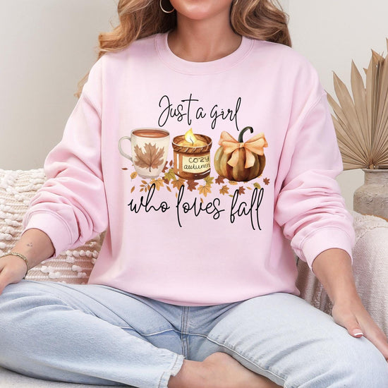 Just a Girl Who Loves Fall Shirt, Cozy Autumn Graphic Tee, Fall Vibes Pumpkin Leaves T-Shirt, DTG Printed Autumn Shirt, Cute Fall Outfit