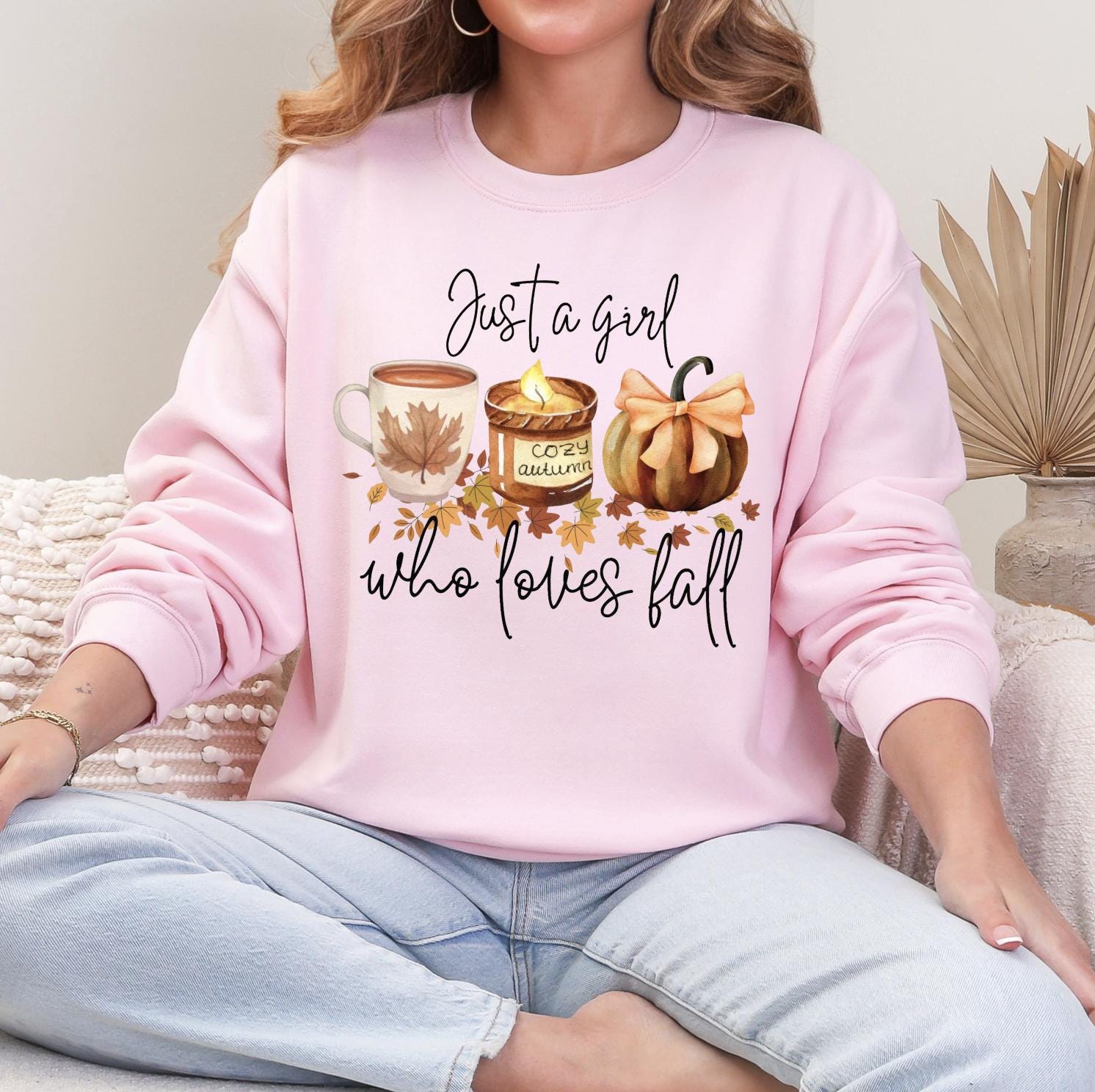 Just a Girl Who Loves Fall Shirt, Cozy Autumn Graphic Tee, Fall Vibes Pumpkin Leaves T-Shirt, DTG Printed Autumn Shirt, Cute Fall Outfit