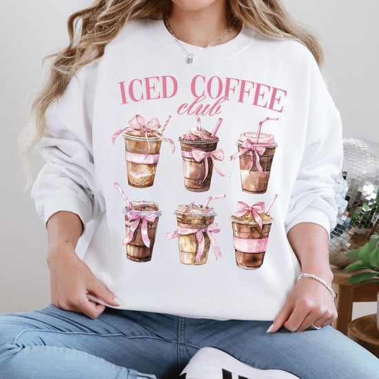 Iced Coffee Club Sweatshirt or T-Shirt, Funny Coffee Lover Graphic Tee, DTG Printed Cozy Coffee Shirt, Caffeine Addict Gift