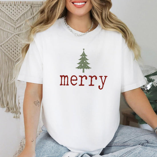 Merry DTG Printed T-Shirt or Sweatshirt | DTG Printed Holiday Graphic Shirt | Cozy Unisex Christmas Top