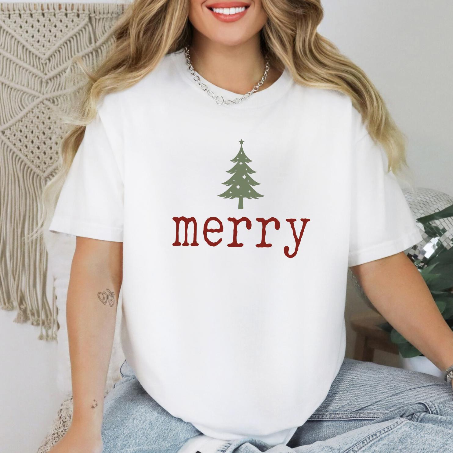 Merry DTG Printed T-Shirt or Sweatshirt | DTG Printed Holiday Graphic Shirt | Cozy Unisex Christmas Top
