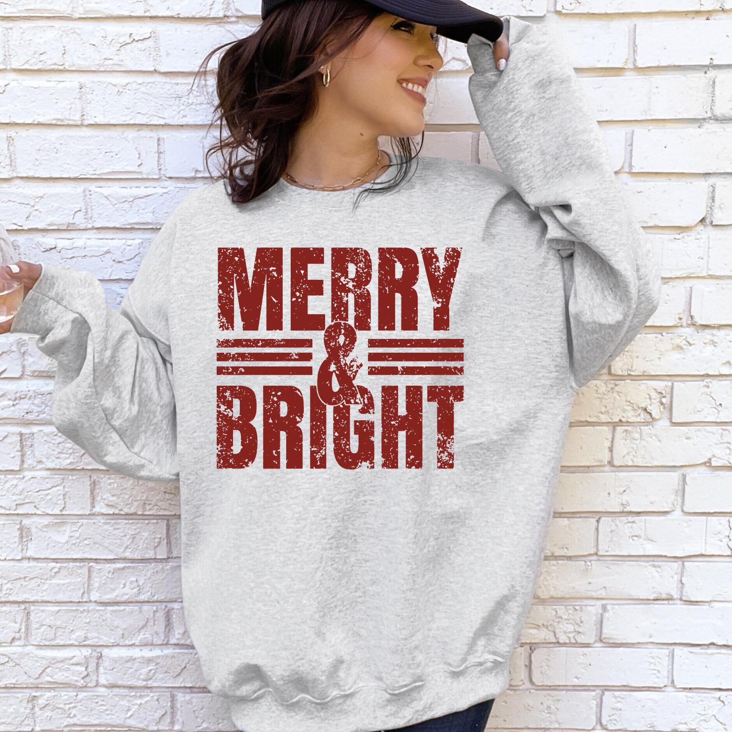 Merry and Bright DTG Printed Pink Santa Sweatshirt or T-Shirt | Cute Holiday Graphic Tee | Christmas Shirt