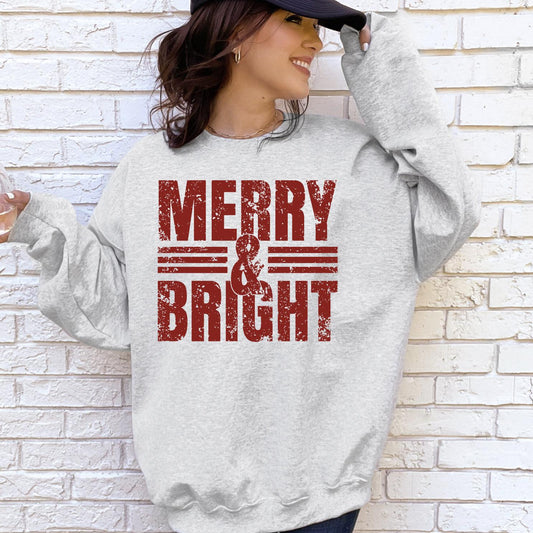 Merry and Bright DTG Printed Pink Santa Sweatshirt or T-Shirt | Cute Holiday Graphic Tee | Christmas Shirt