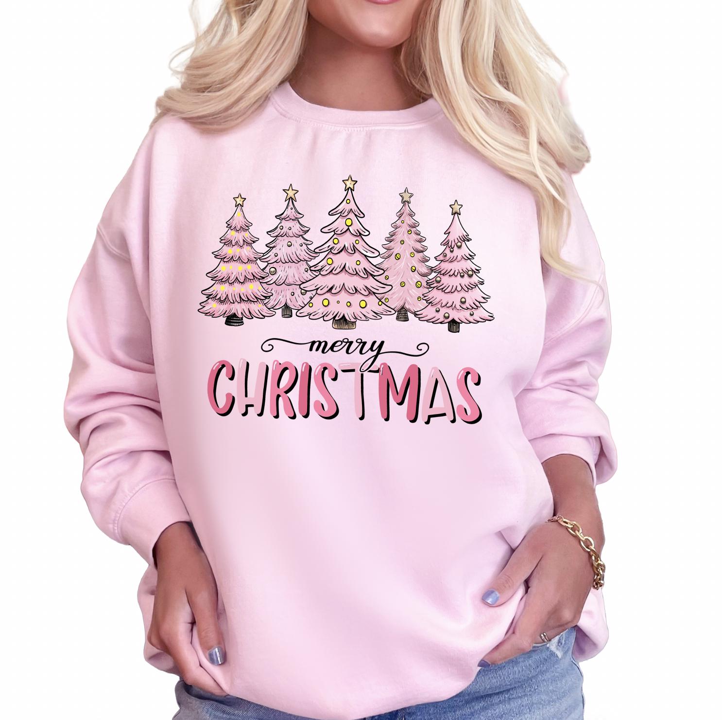 Pink Christmas Trees DTG Printed Sweatshirt or T-Shirt, Trendy Holiday Crewneck, Christmas Graphic Tee, Retro Holiday Pullover