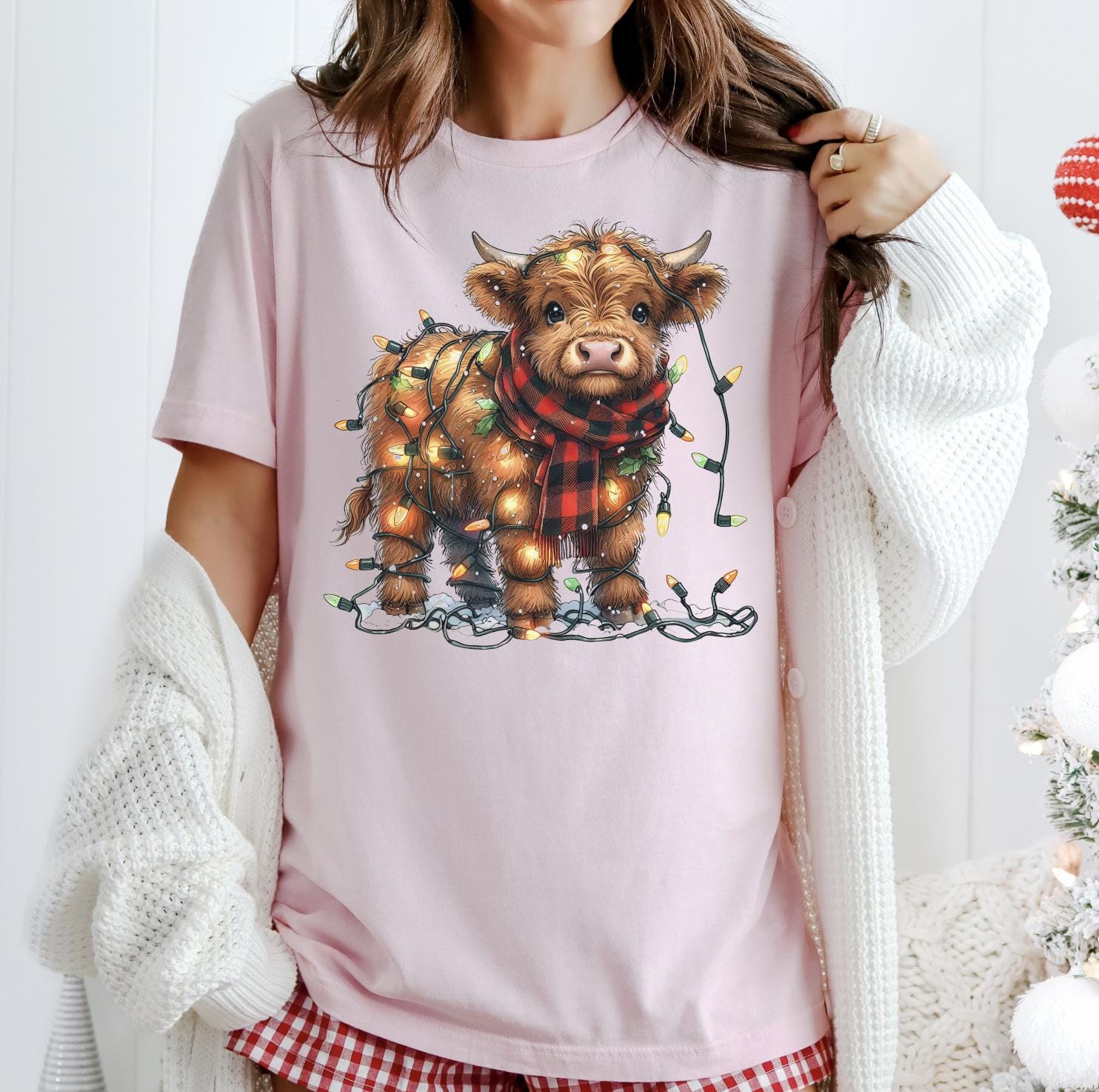 Highland Cow Christmas DTG Printed Sweatshirt or T-Shirt, Trendy Holiday Crewneck, Christmas Lights Highland Western Cow