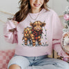 Highland Cow Christmas DTG Printed Sweatshirt or T-Shirt, Trendy Holiday Crewneck, Christmas Lights Highland Western Cow
