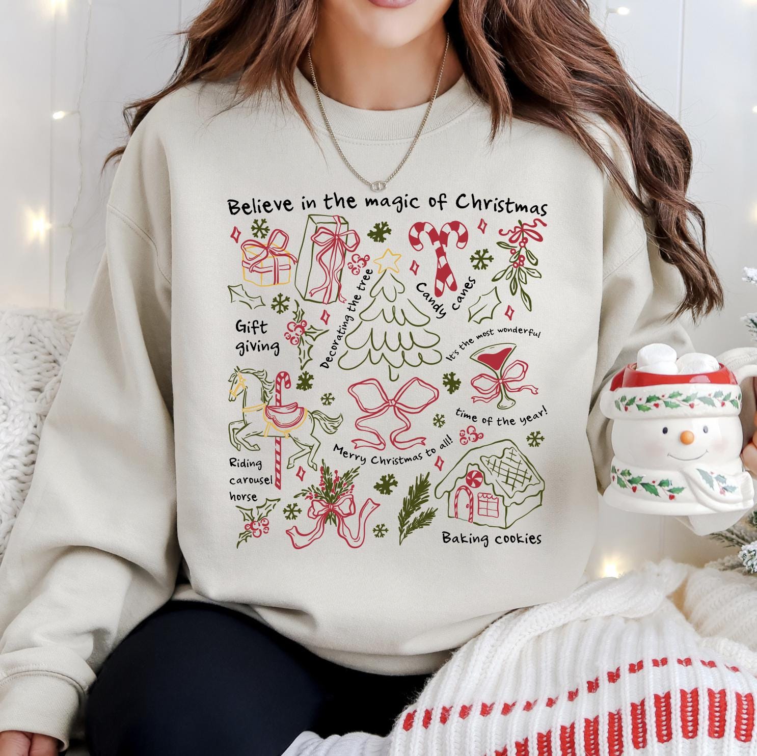 Tis The Season Christmas Icons Shirt, Cute Holiday Tee, Santa Cookies Cocoa Gifts Lights, Cozy Traditional Christmas T-Shirt