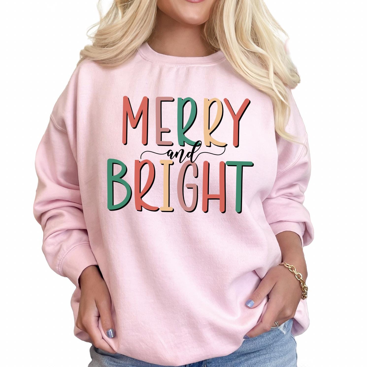 Merry and Bright Christmas Sweatshirt, Cute Holiday Crewneck, Trendy Christmas Graphic Tee, Cozy DTG Printed T-Shirt