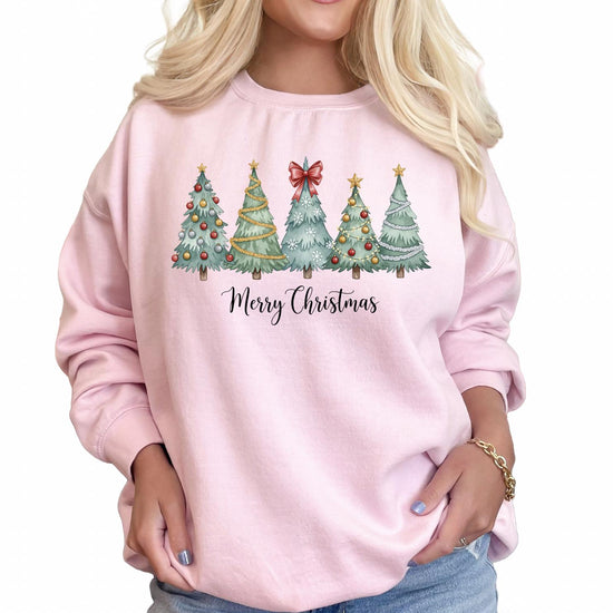 Merry Christmas Trees DTG Printed Shirt or Sweatshirt, Cute Holiday Crewneck, Christmas Graphic Tee, Cozy Xmas T-Shirt