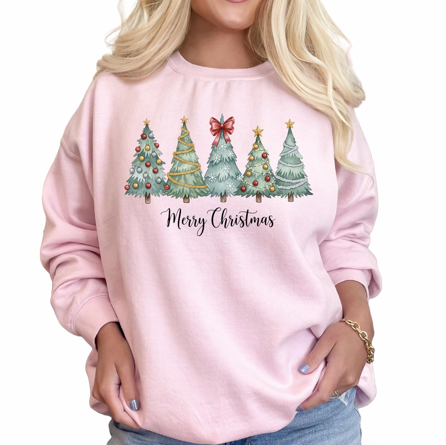 Merry Christmas Trees DTG Printed Shirt or Sweatshirt, Cute Holiday Crewneck, Christmas Graphic Tee, Cozy Xmas T-Shirt