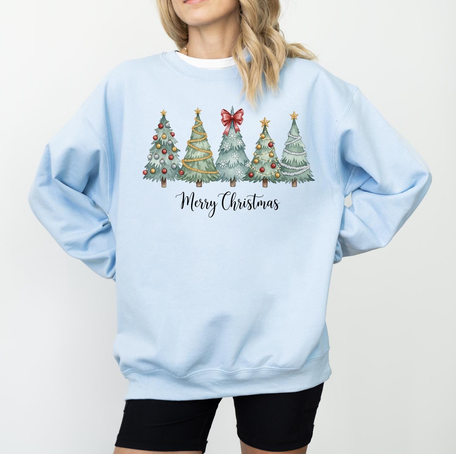 Merry Christmas Trees DTG Printed Shirt or Sweatshirt, Cute Holiday Crewneck, Christmas Graphic Tee, Cozy Xmas T-Shirt