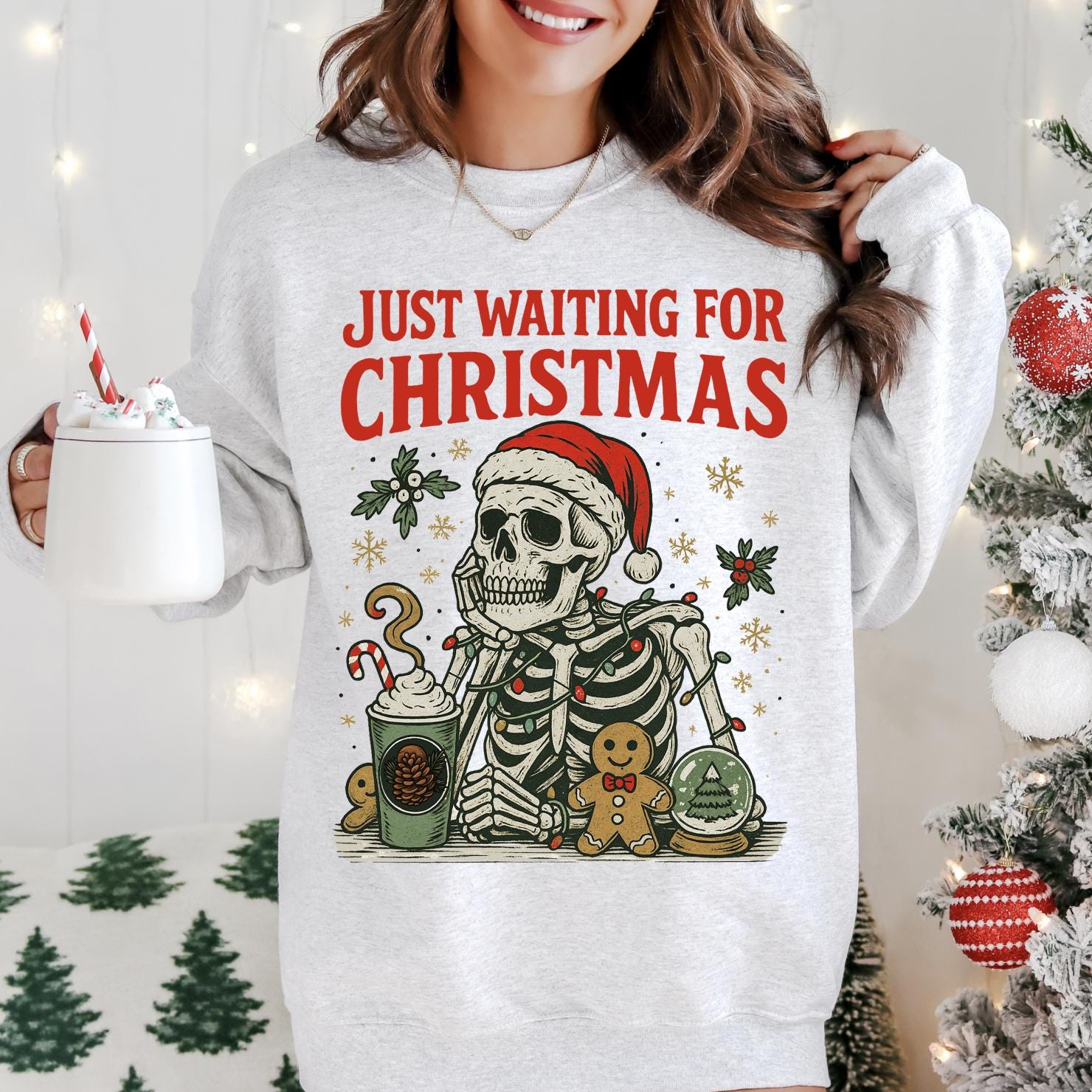 Just Waiting For Christmas Skeleton Christmas DTG Printed Sweatshirt or T-Shirt