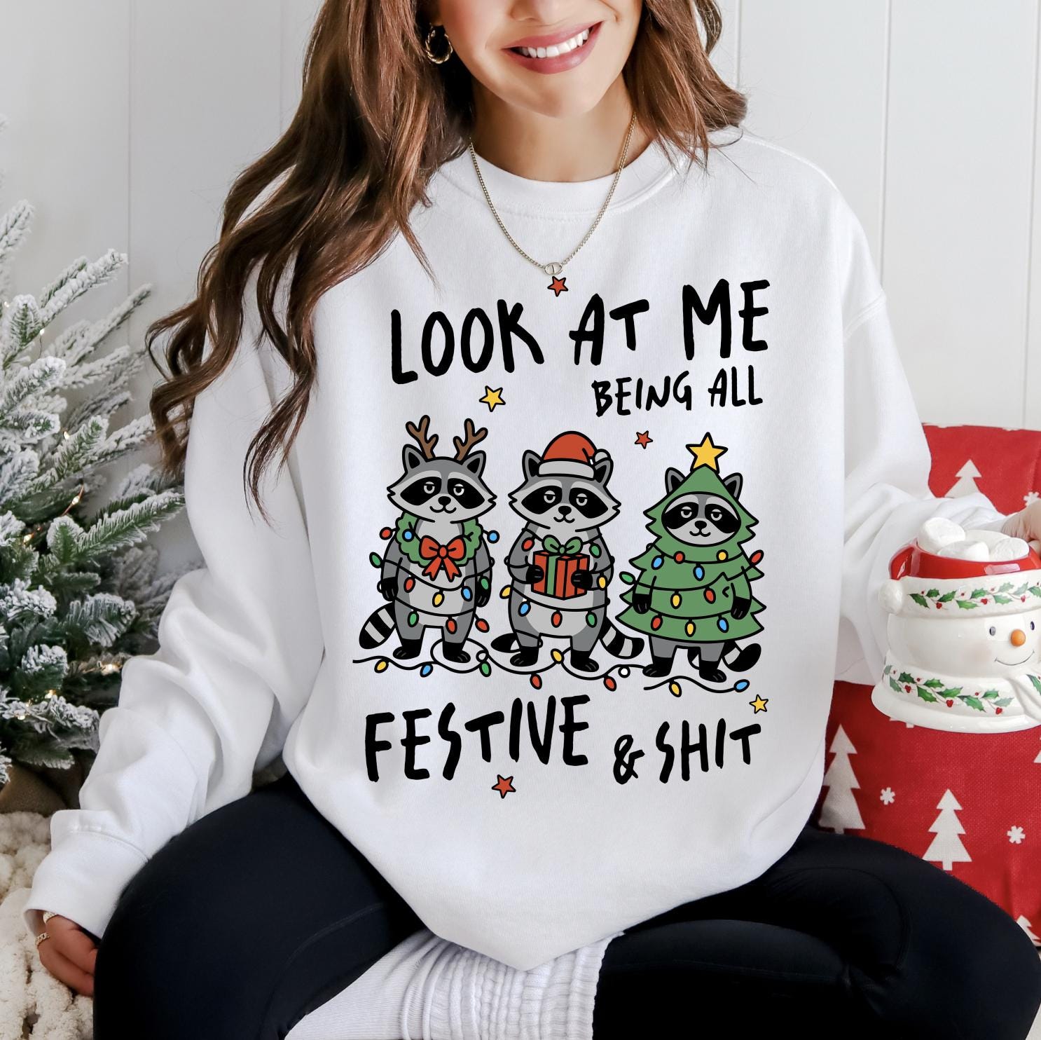 Funny Raccoons DTG Printed Christmas Sweatshirt