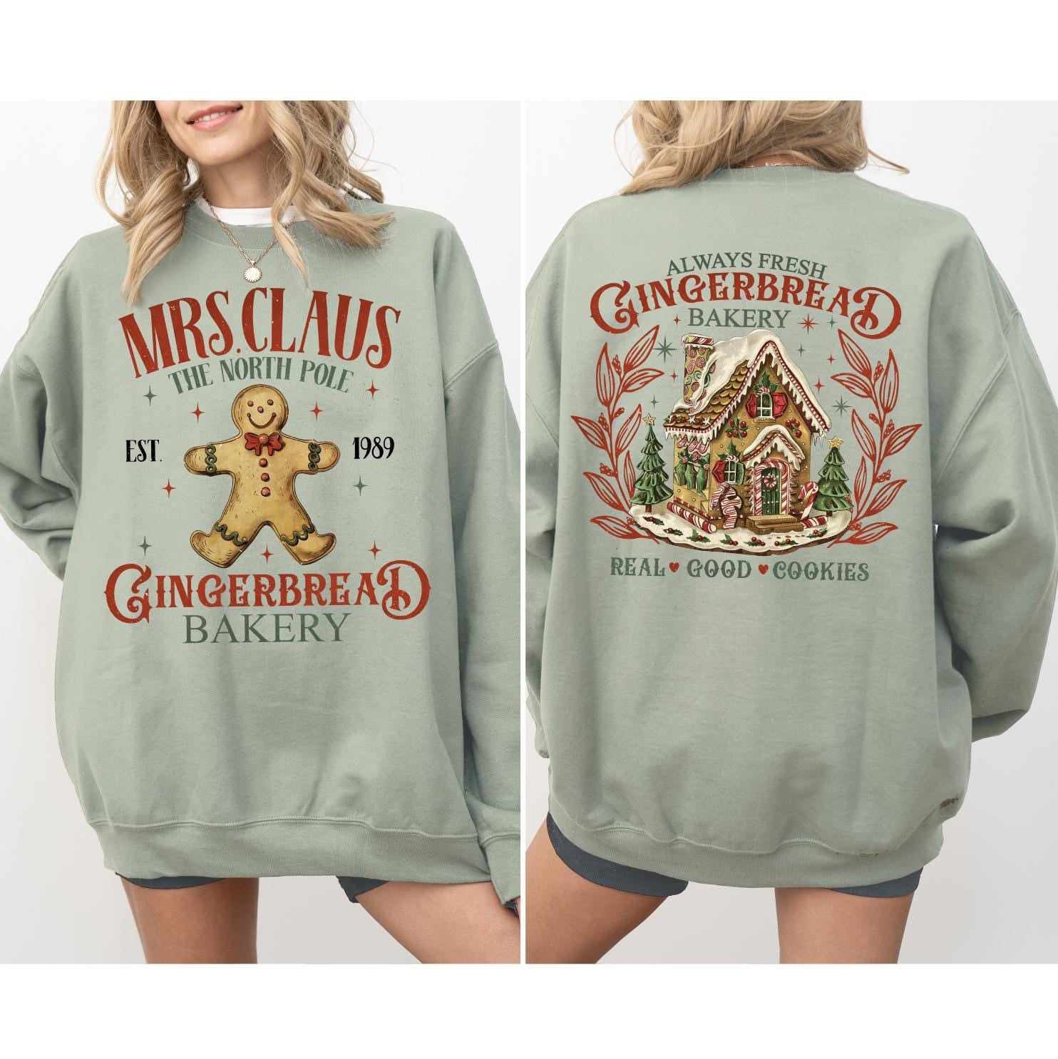 Mrs. Claus Gingerbread House Christmas Sweatshirt, Gingerbread Christmas Tree Farm, Retro Griswold Christmas