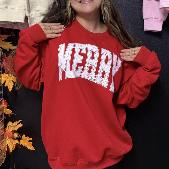 Merry Varsity Letters Christmas Sweatshirt | Trendy Christmas Pullover | Retro Holiday Crewneck | Cozy Sweatshirt | Cute Christmas Outfit